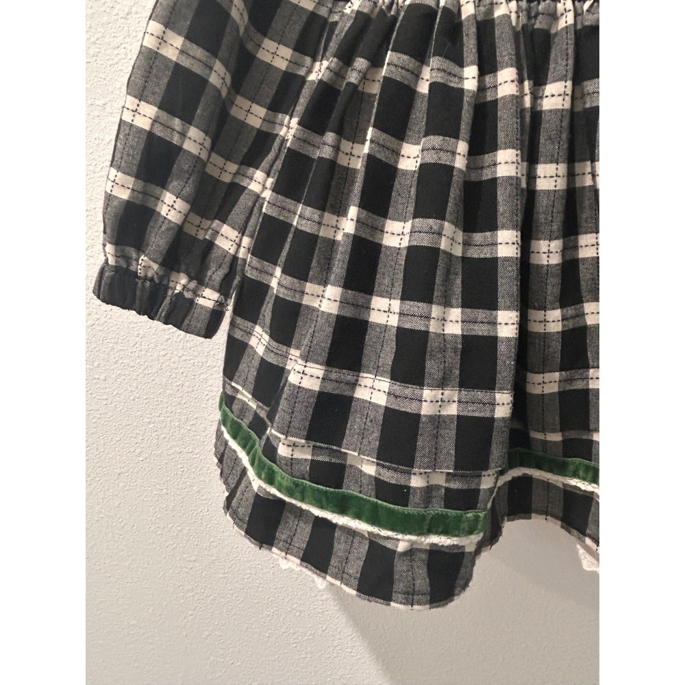 SweetHoney Girls Black White Plaid Dress Green Velvet Trim Lace 4T - Picture 3 of 8